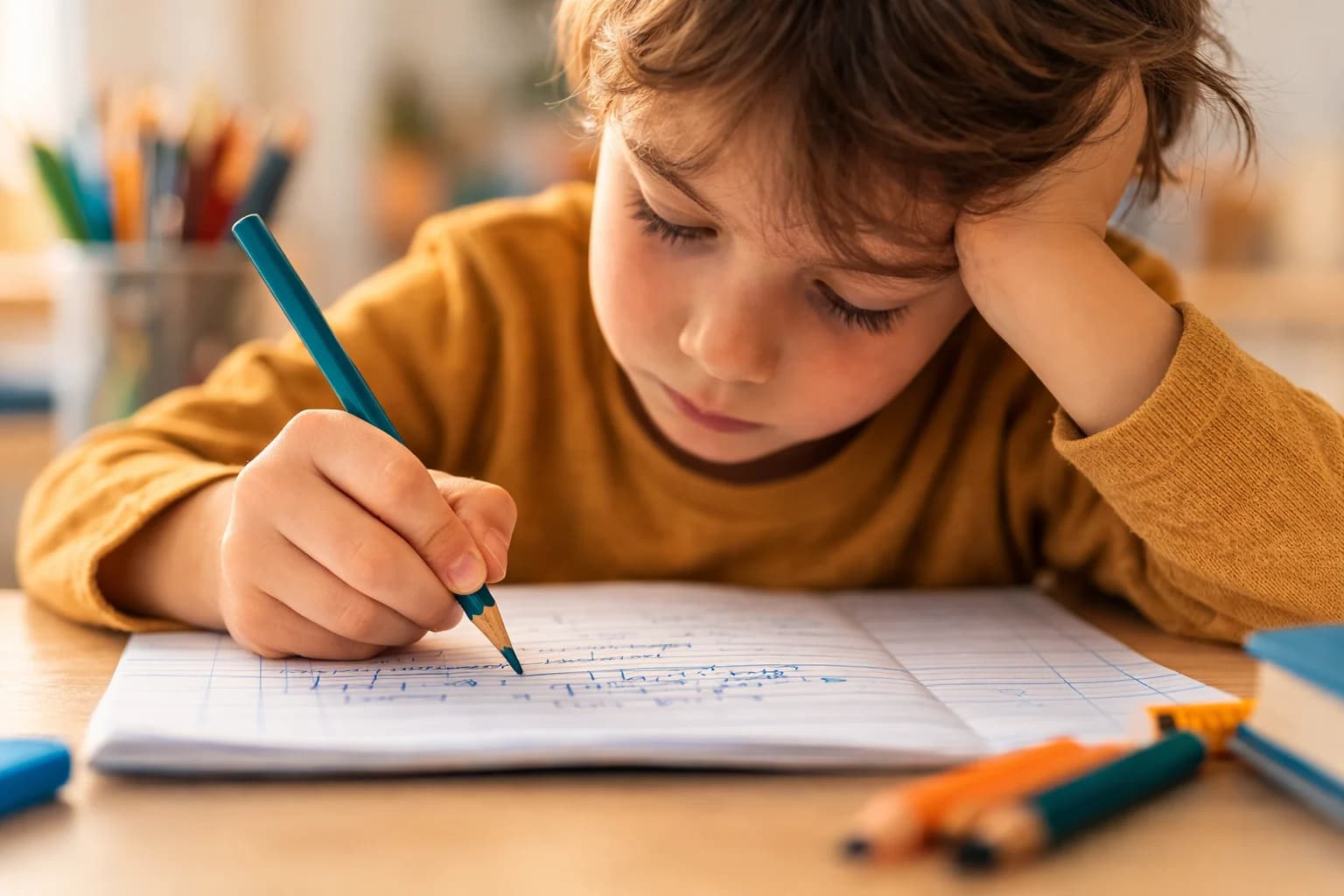 Enfant fatigué qui écrit dans un cahier et serre son crayon, illustrant les difficultés d’écriture chez l’enfant.