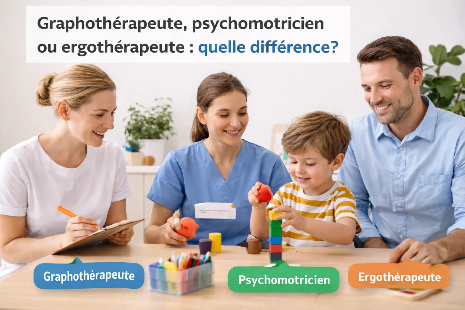 Enfant accompagné par un graphothérapeute, un psychomotricien et un ergothérapeute lors d’une activité éducative pour illustrer la différence entre ces professionnels.