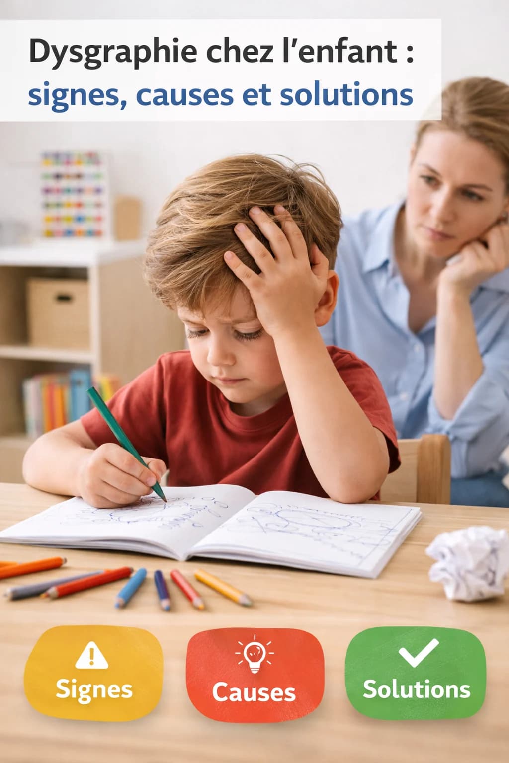 Enfant en difficulté d’écriture illustrant la dysgraphie avec un parent observant les signes et les difficultés de motricité fine.